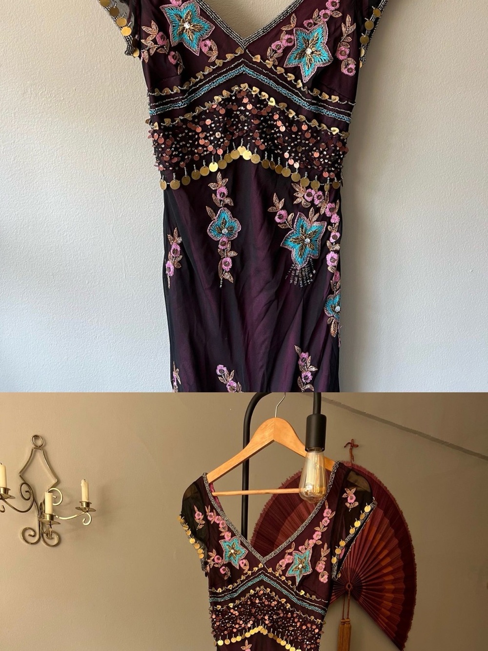 Embroidered Purple Midi Dress with Sequined Trim